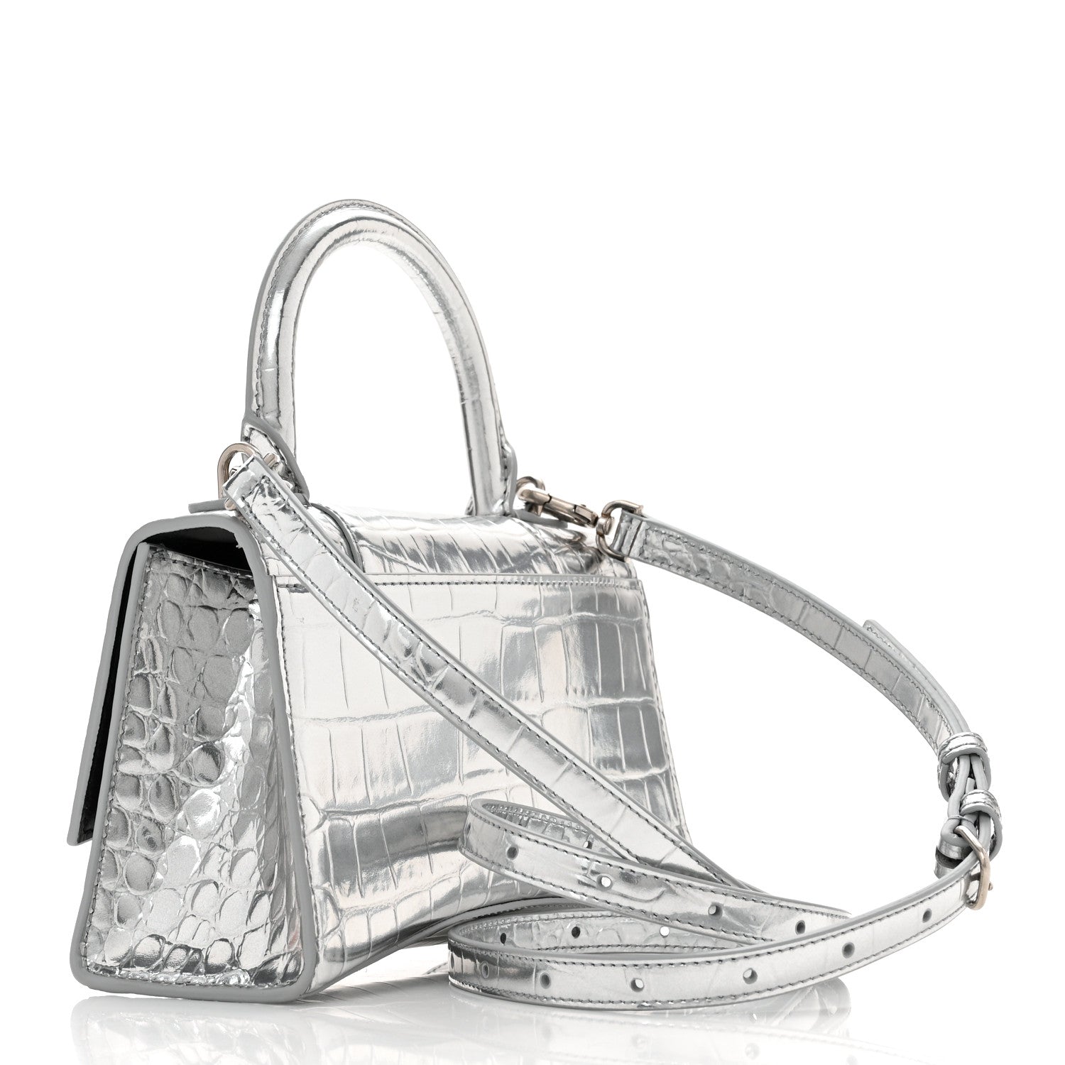 Balenciaga Metallic Calfskin Crocodile Embossed Hourglass Top Handle Bag XS Silver 3 of 12