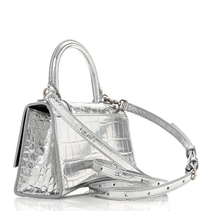 Balenciaga Metallic Calfskin Crocodile Embossed Hourglass Top Handle Bag XS Silver 3 of 12