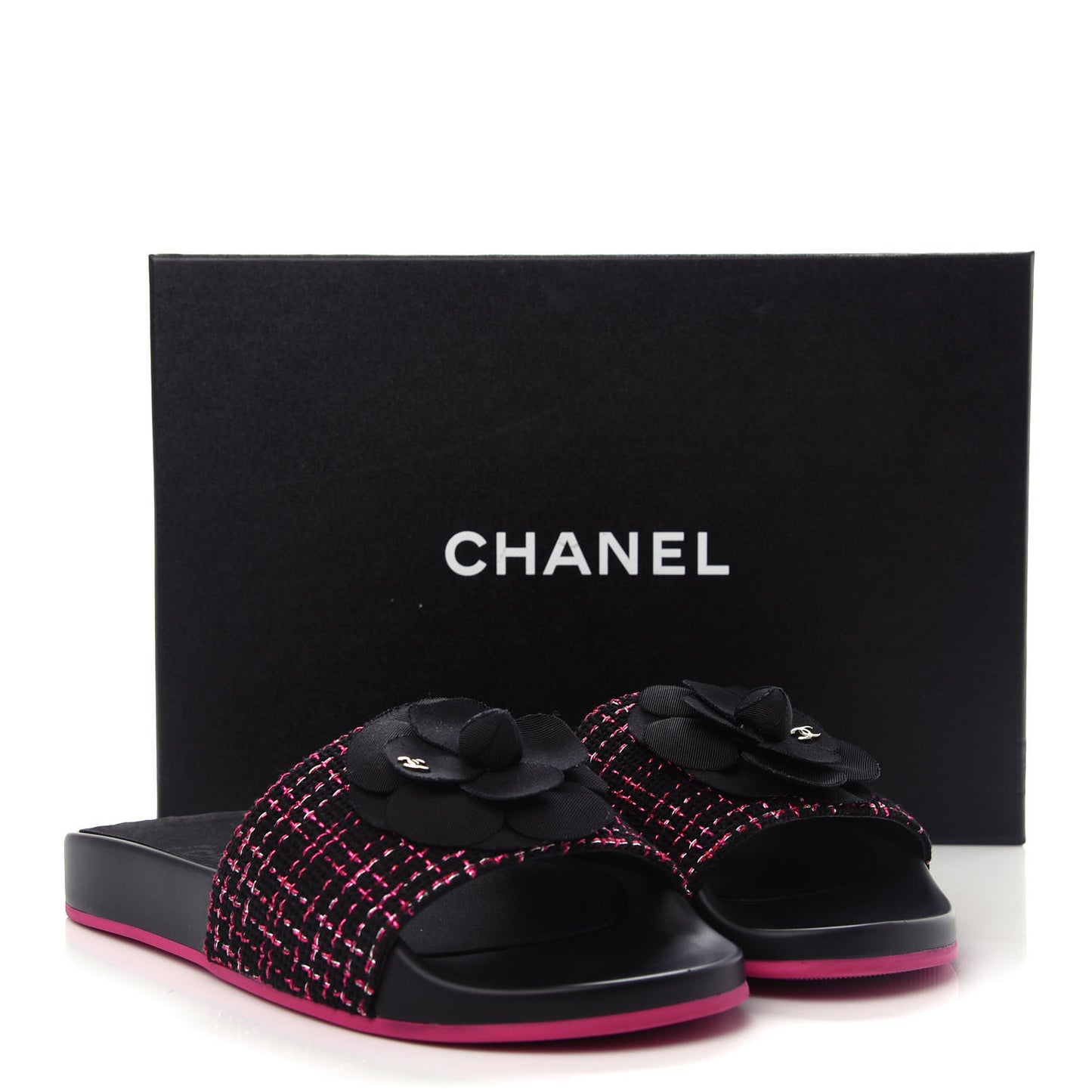 Tweed Grosgrain Camellia CC Flat Mules 37 Black Pink