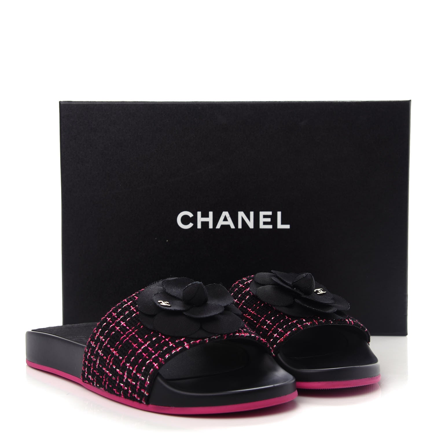 Chanel Tweed Grosgrain Camellia CC Flat Mules 37 Black Pink 11 of 11