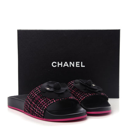 Chanel Tweed Grosgrain Camellia CC Flat Mules 37 Black Pink 11 of 11