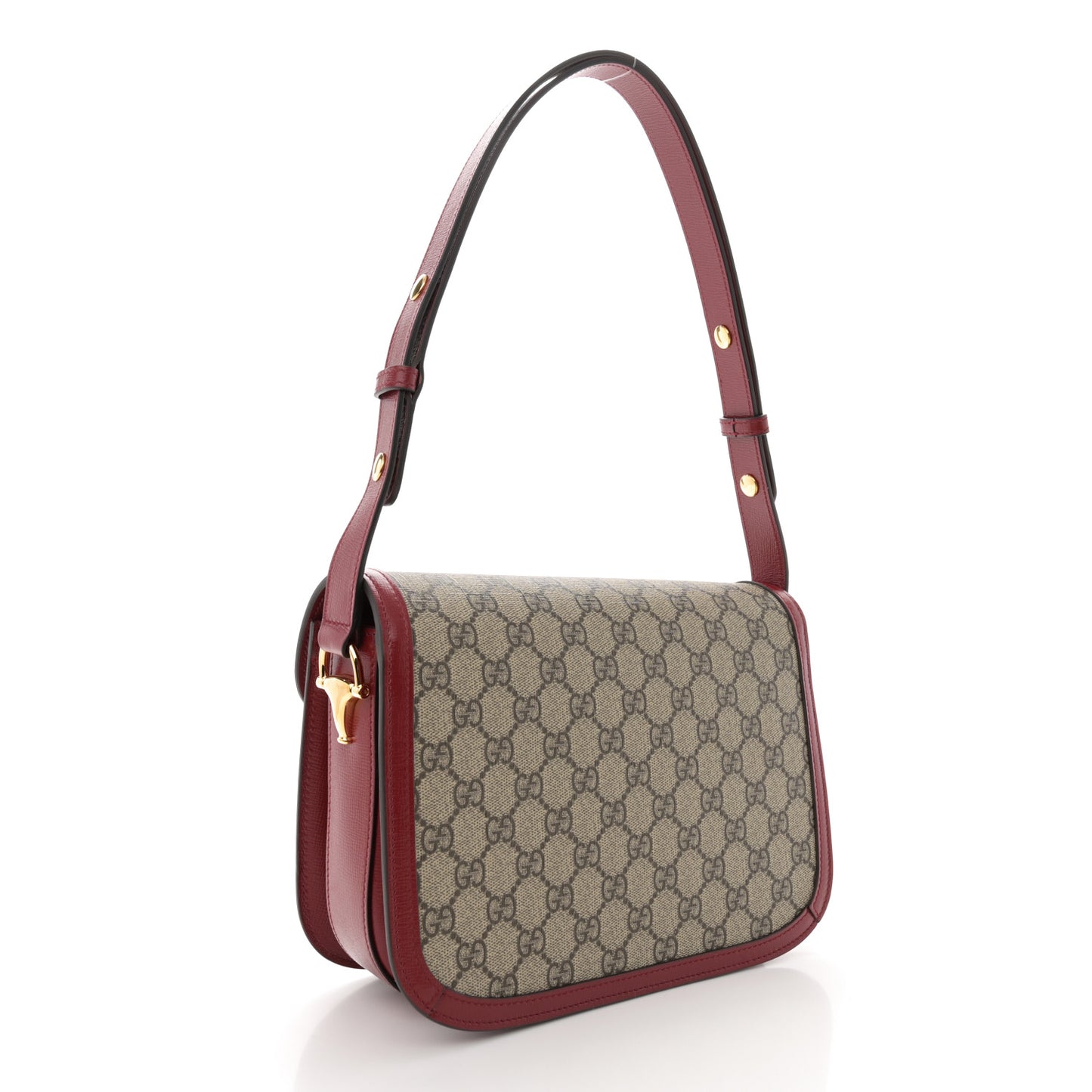 GG Supreme Monogram Azalea Calfskin Horsebit 1955 Shoulder Bag Beige Ebony New Cherry Red