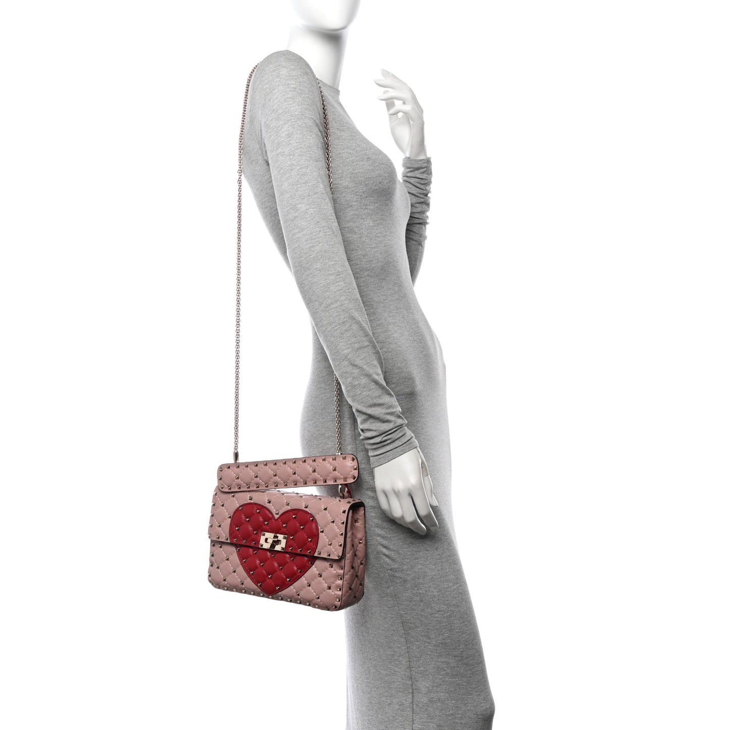 Nappa Quilted Heart Medium Rockstud Spike Shoulder Bag Poudre