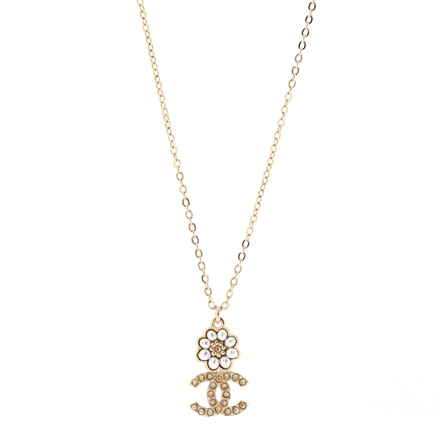 Pearl Crystal CC Flower Pendant Necklace Gold Light Brown Pearly White