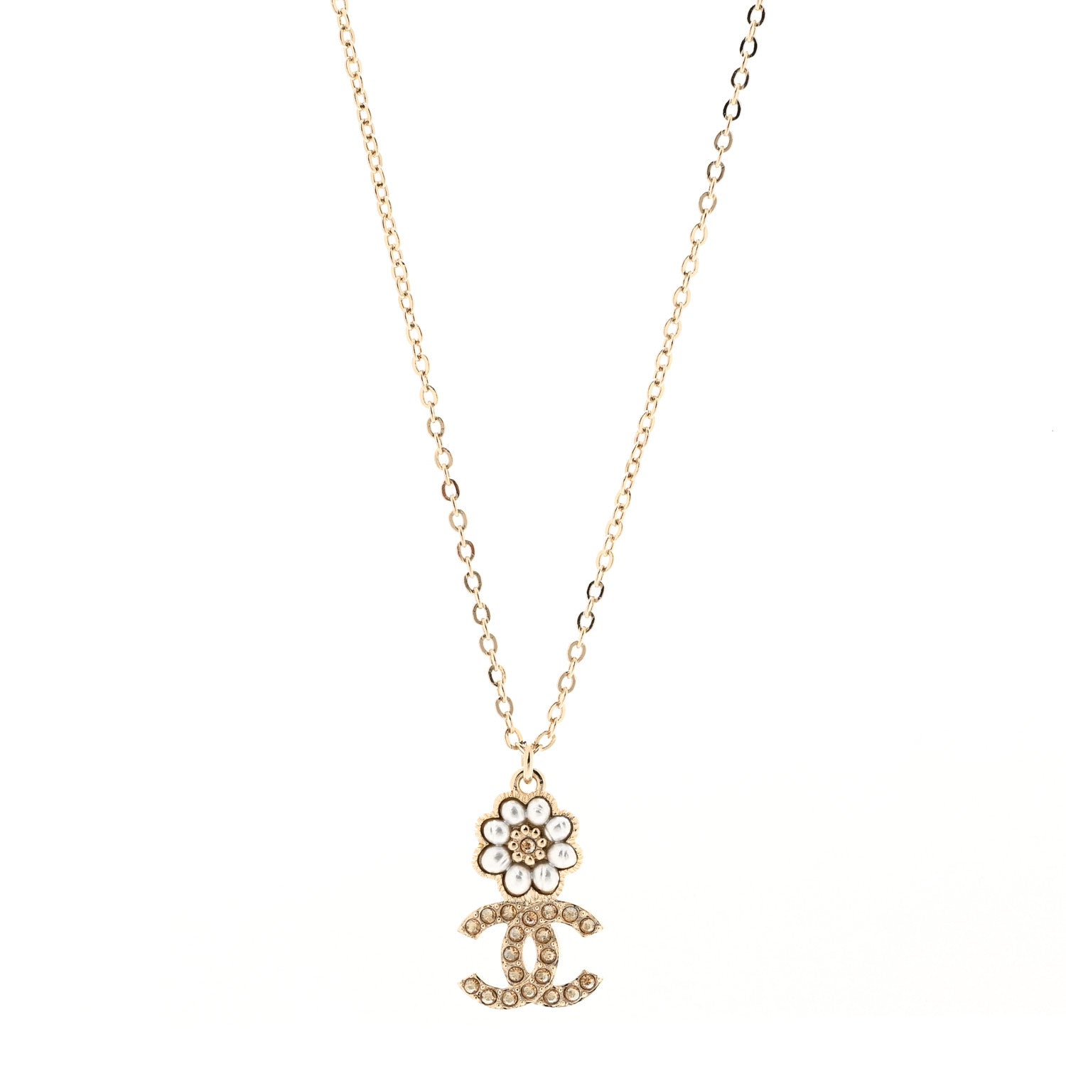 Chanel Pearl Crystal CC Flower Pendant Necklace Gold Light Brown Pearly White 4 of 7