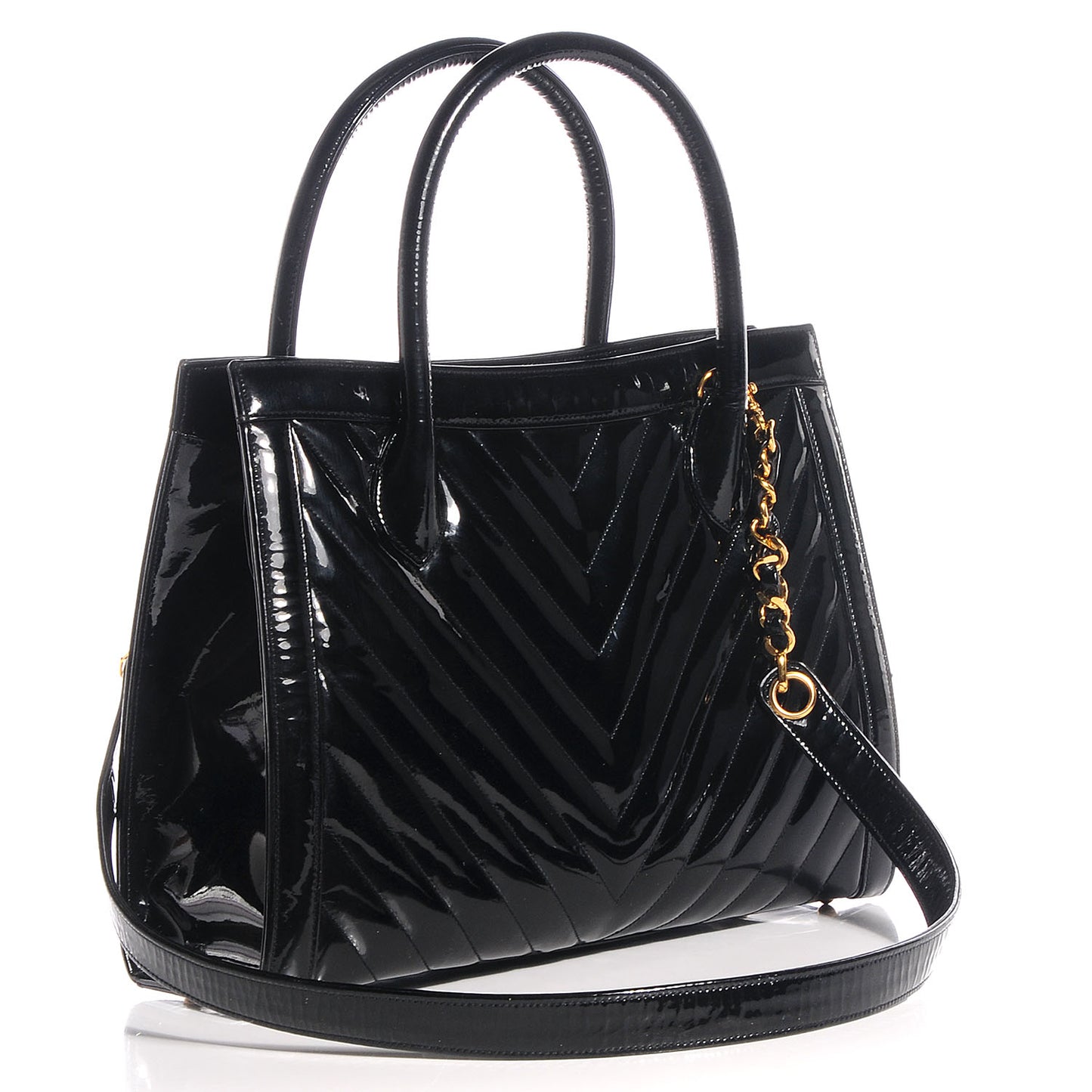 Patent Chevron Top Handle Bag Black