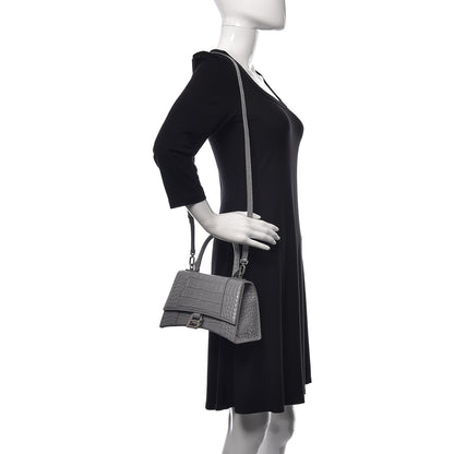 Balenciaga Shiny Calfskin Crocodile Embossed Small Hourglass Top Handle Bag Steel Grey 2 of 11