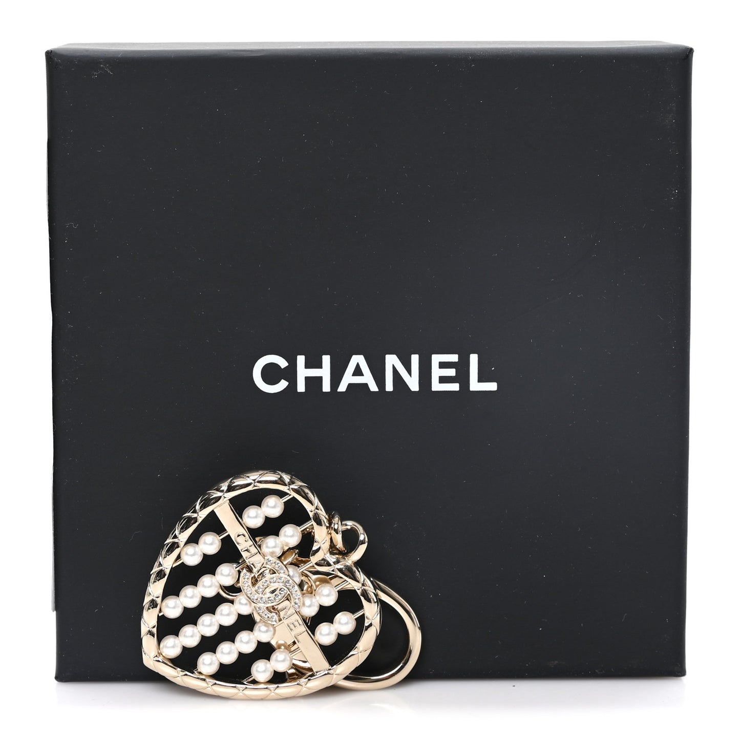 Pearl Crystal Quilted CC Heart Bag Charm Gold