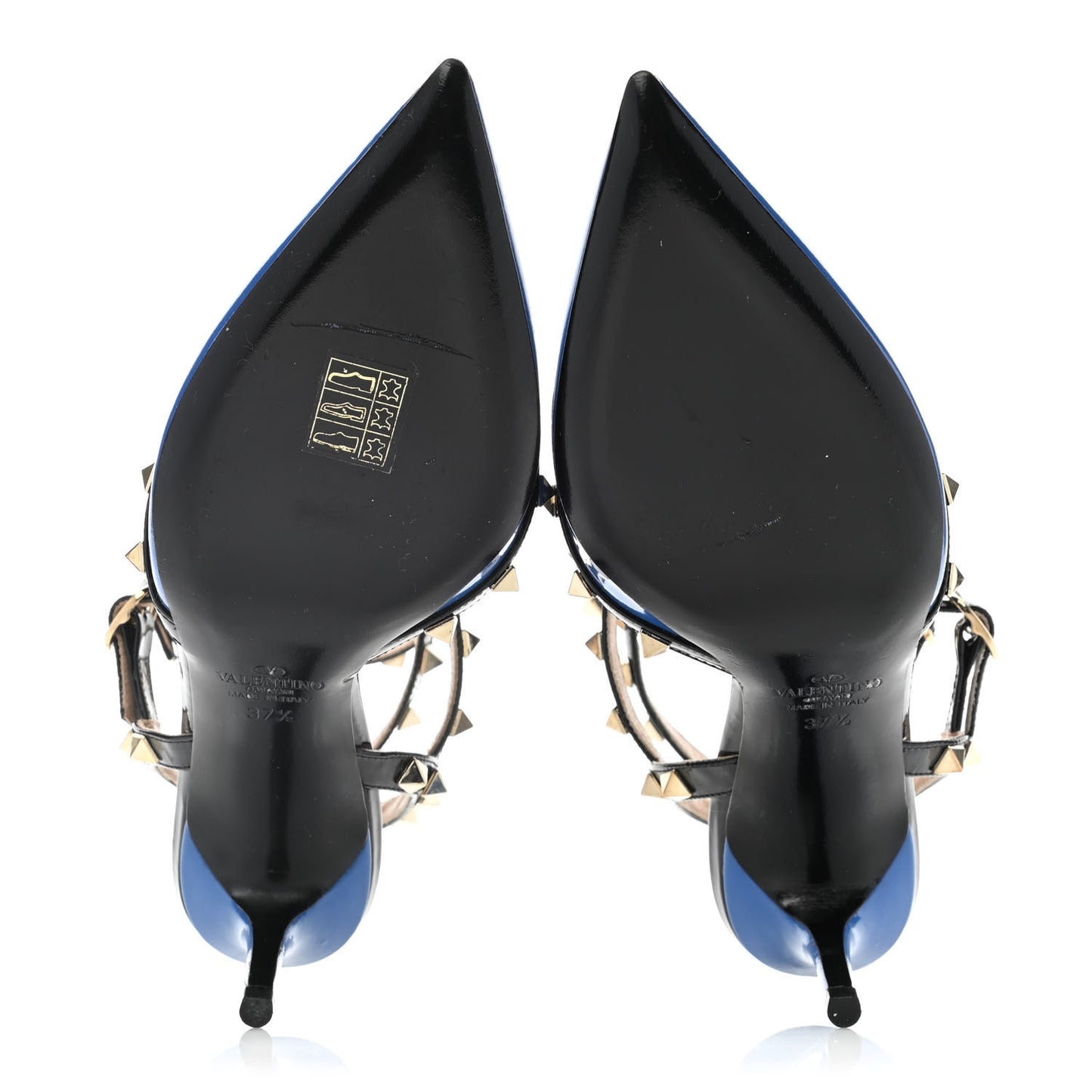 Patent Rockstud Ankle Strap Low Heel Pumps 37.5 Blue Black
