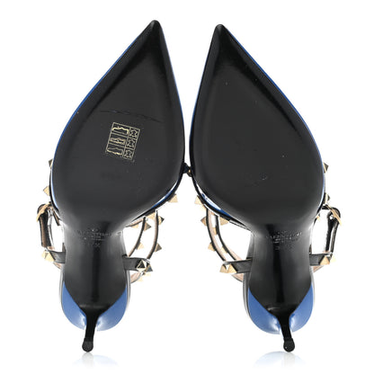 Valentino Garavani Patent Rockstud Ankle Strap Low Heel Pumps 37.5 Blue Black 5 of 10