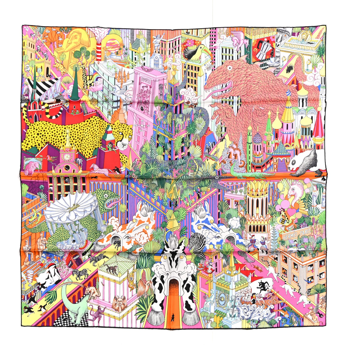 Silk Animapolis Scarf 90 Jaune Vif Vert Rose