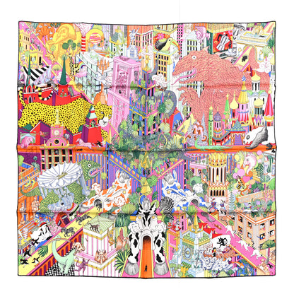 Hermes Silk Animapolis Scarf 90 Jaune Vif Vert Rose 1 of 4