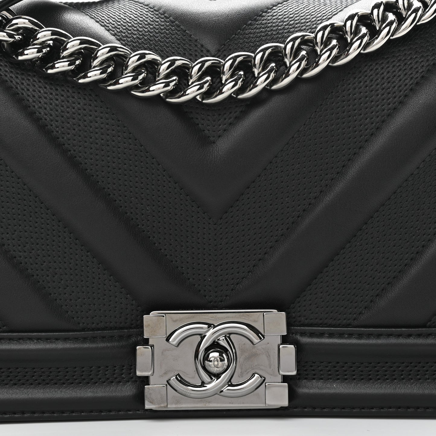 Calfskin Perforated Chevron Quilted Medium Boy Flap Black