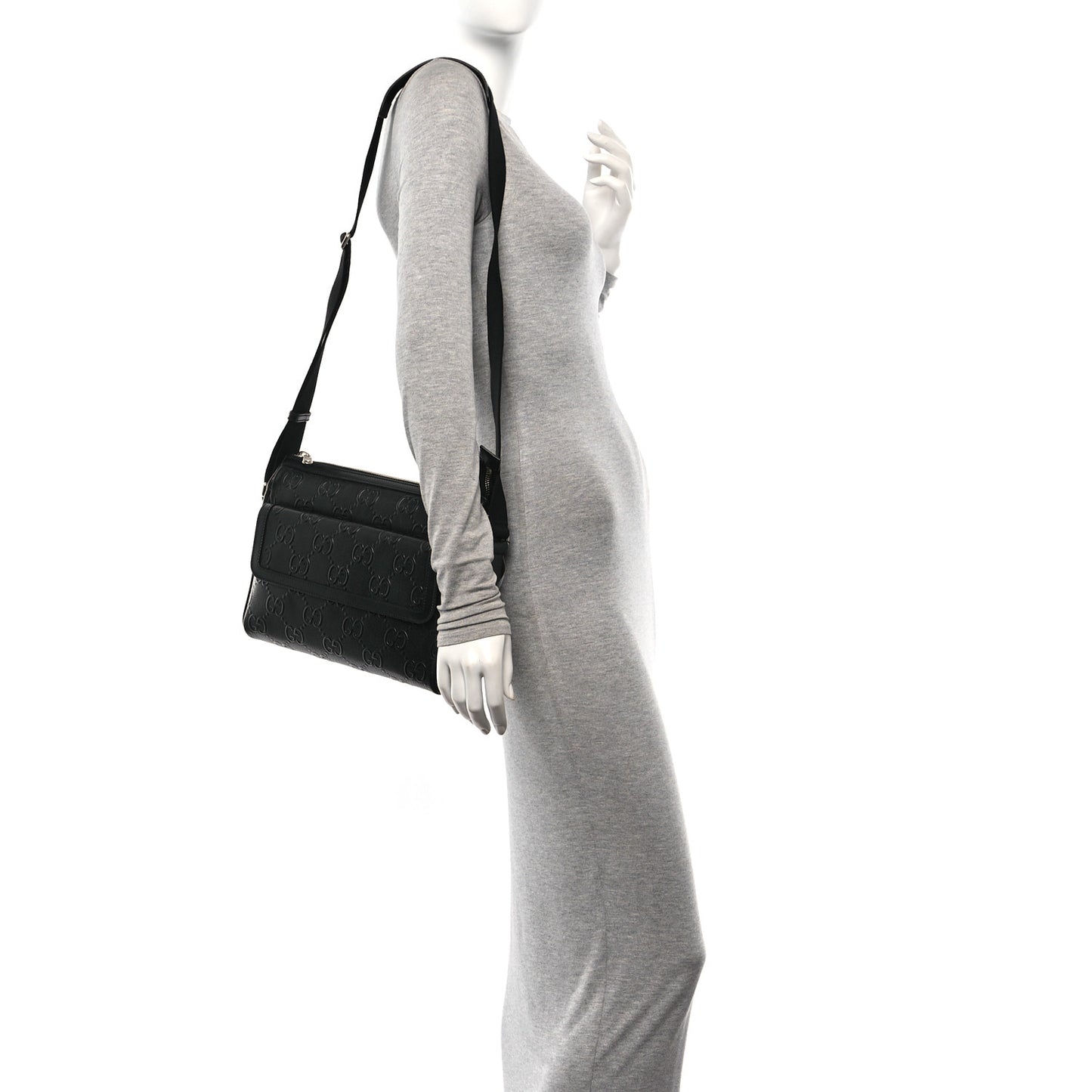 Calfskin GG Tennis Embossed Shoulder Bag Black