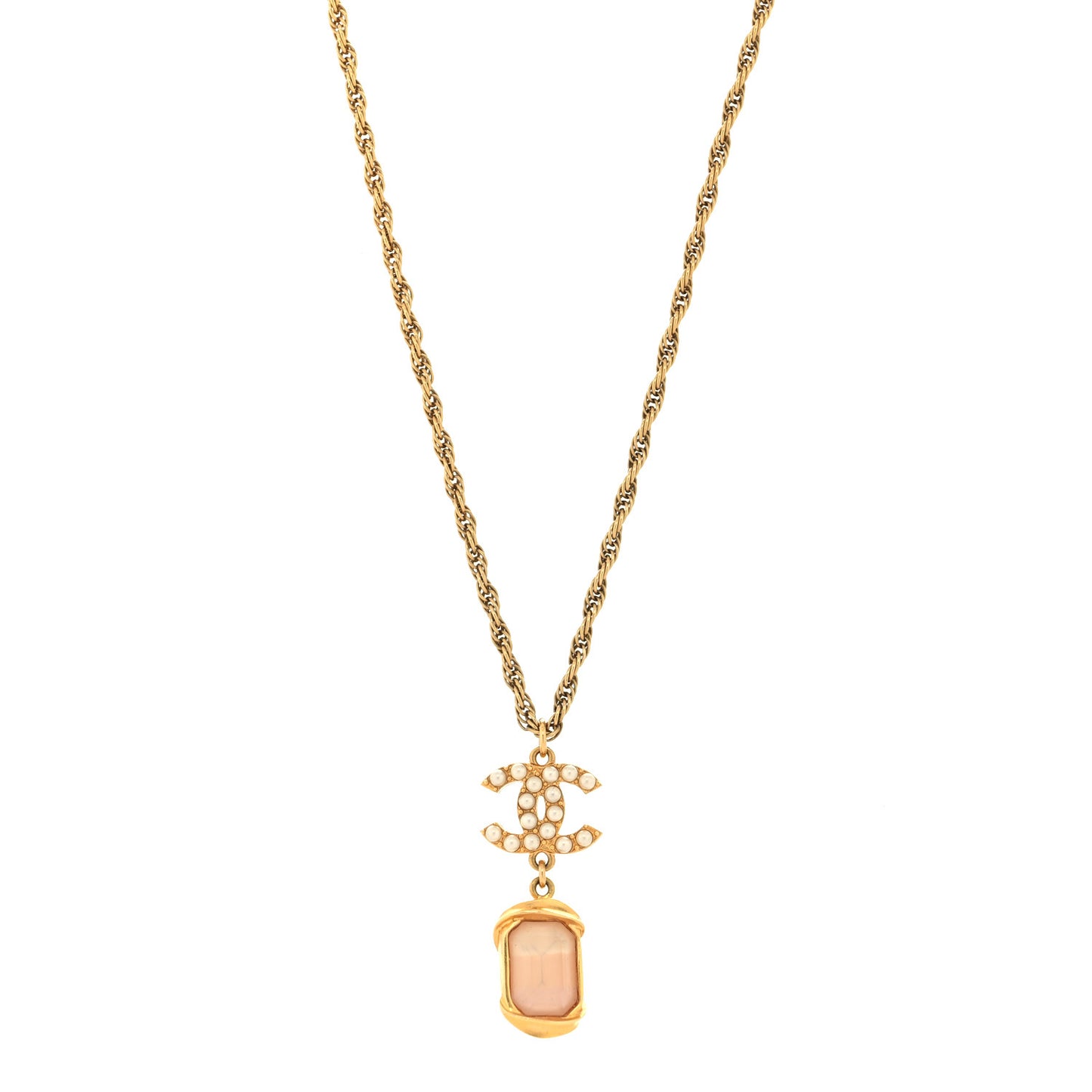 Pearl Crystal CC Pendant Necklace Gold Pink Pearly White