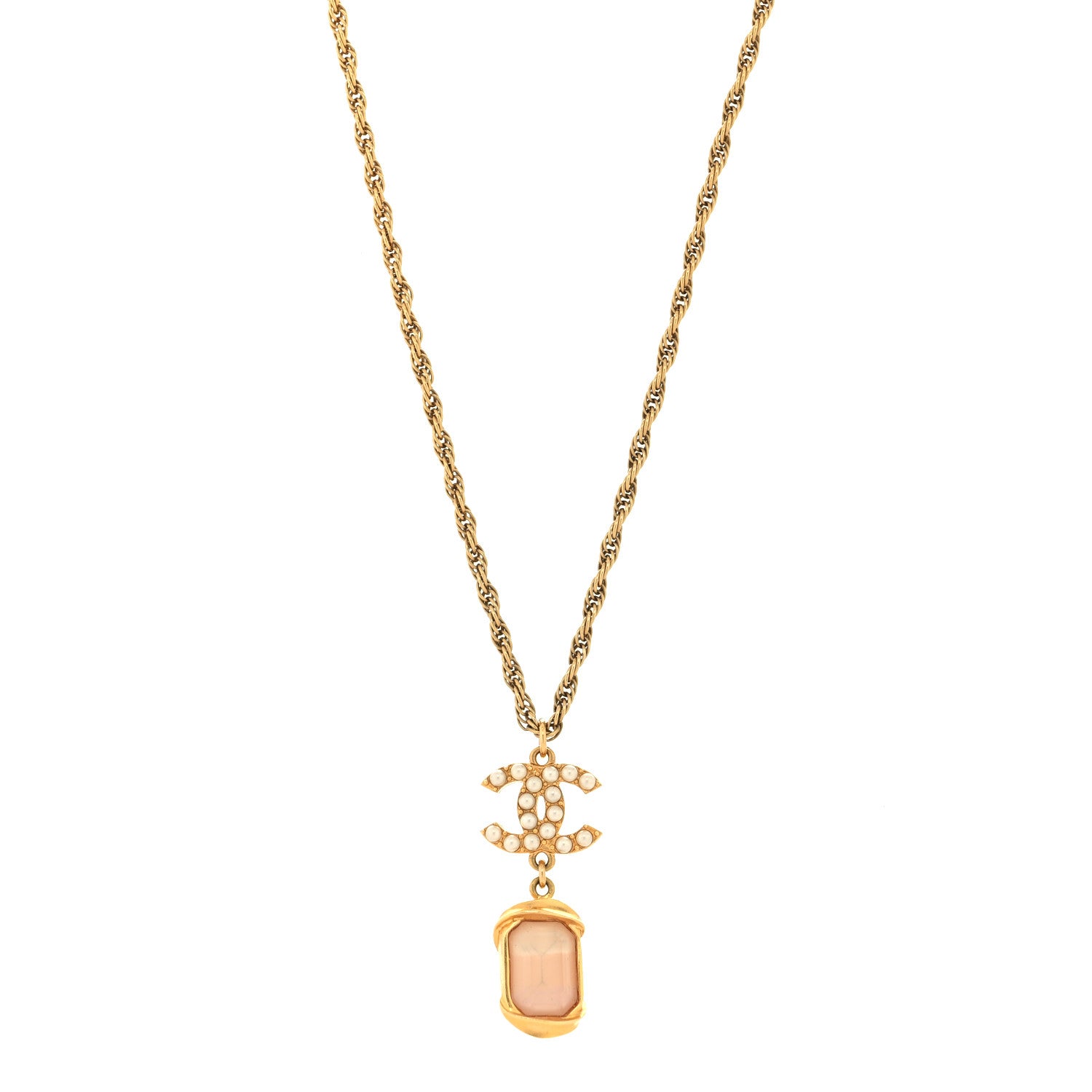 Chanel Pearl Crystal CC Pendant Necklace Gold Pink Pearly White 2 of 5