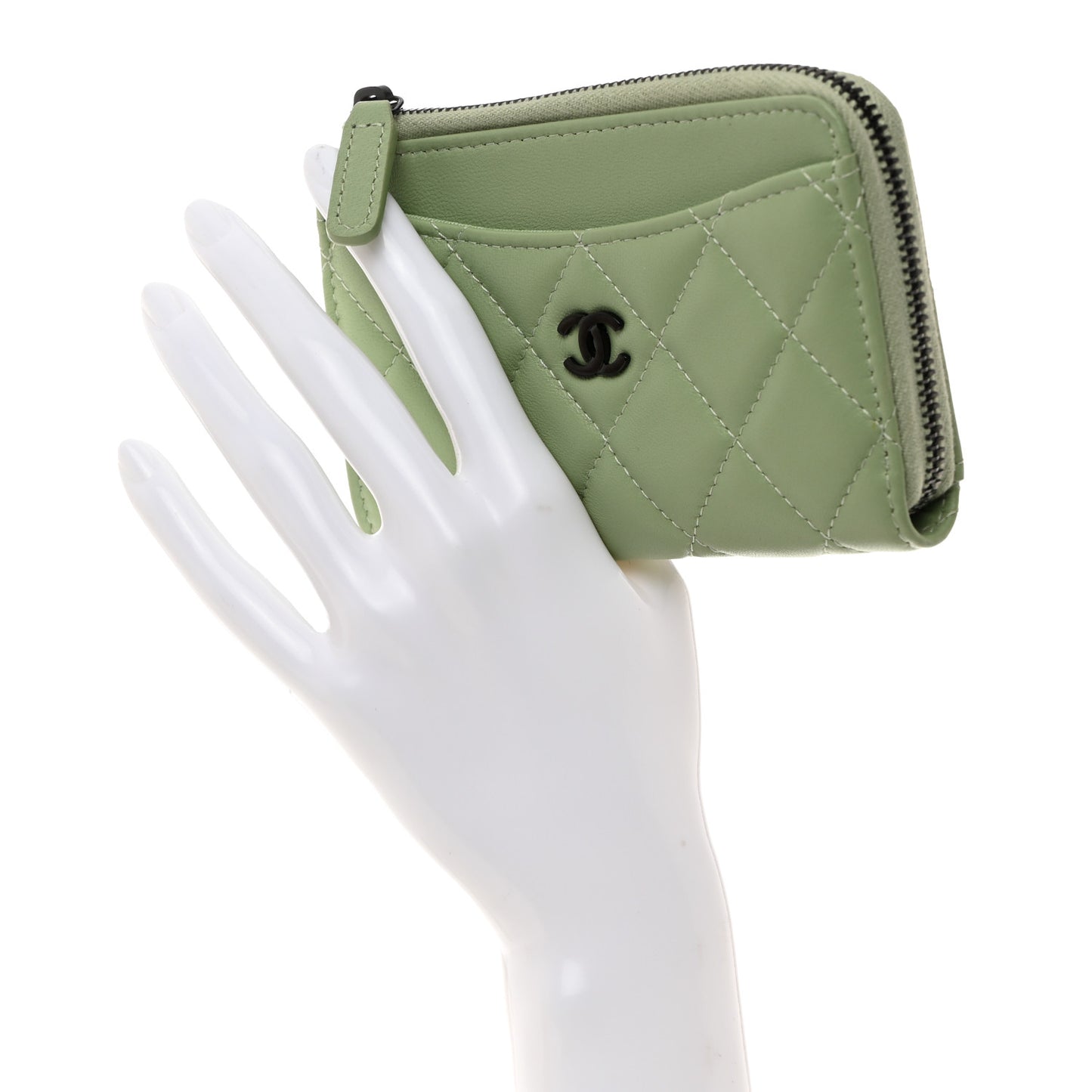 Lambskin Quilted CC Zip Around Card Holder Light Green