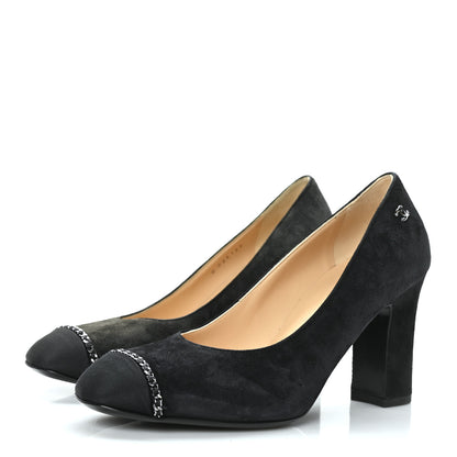 Chanel Suede Grosgrain Cap Toe Chain Pumps 38 Black 3 of 9