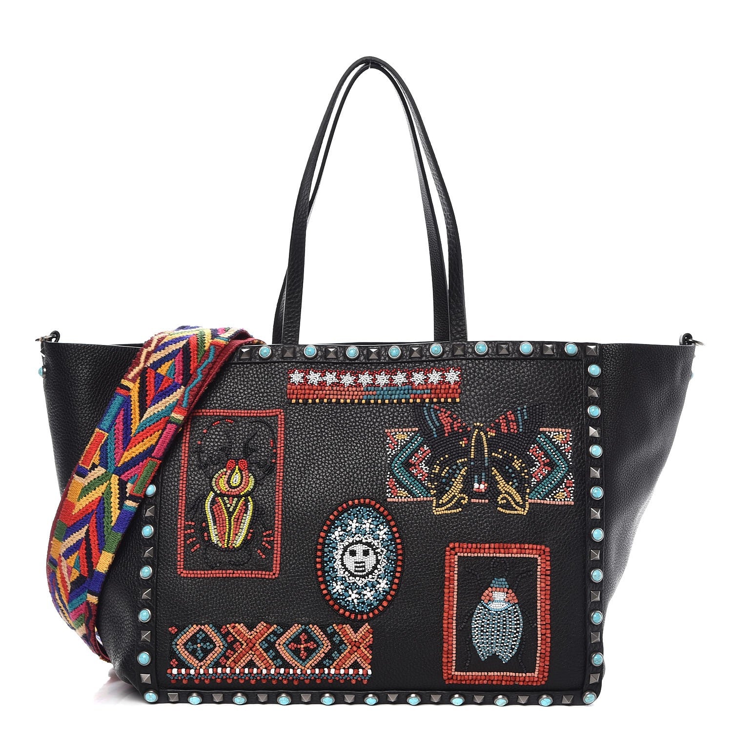 Valentino Garavani Grained Calfskin Patch Beaded Medium Rockstud Rolling Crossbody Tote Black Multicolor 1 of 8