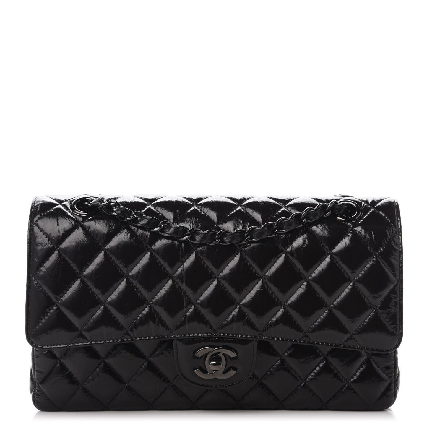Shiny Crumpled Calfskin Quilted Medium Double Flap So Black