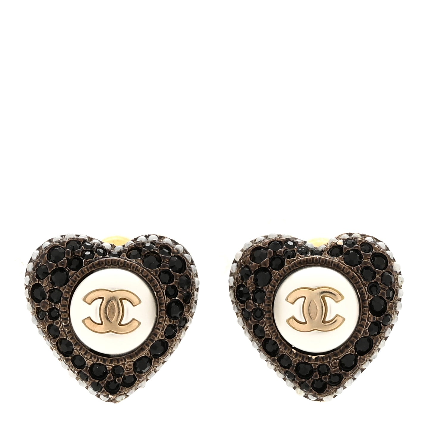 Pearl Crystal CC Heart Earrings Gold Black