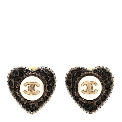 Chanel Pearl Crystal CC Heart Earrings Gold Black 1 of 5