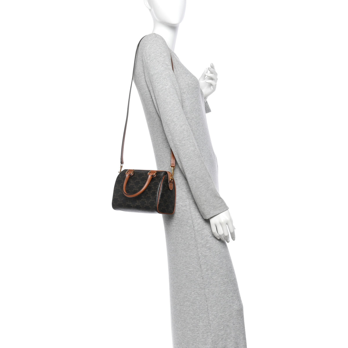 Triomphe Canvas Calfskin Small Boston Bag Tan