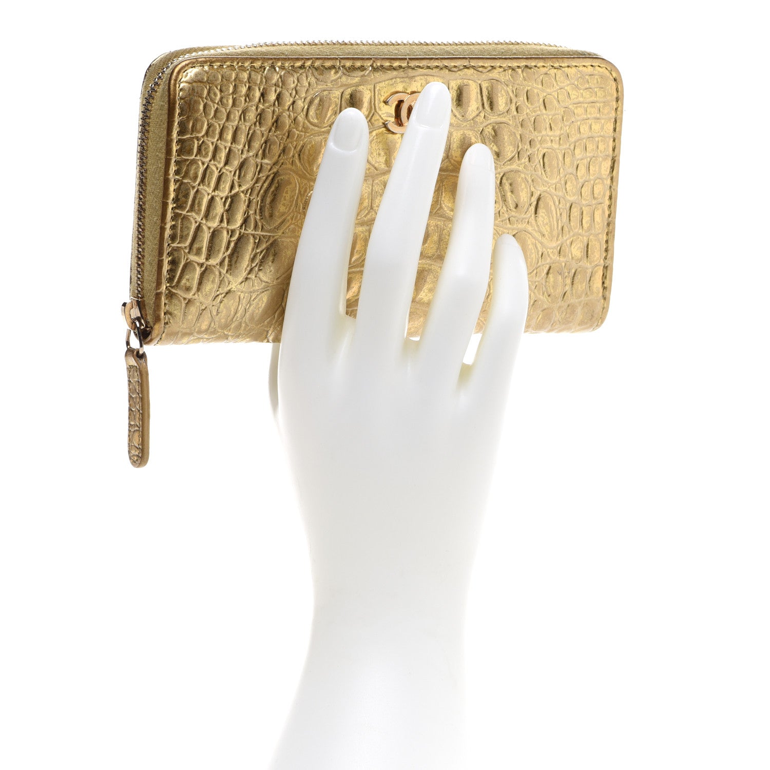 Chanel Metallic Calfskin Crocodile Embossed Small Zip Wallet Gold 2 of 14