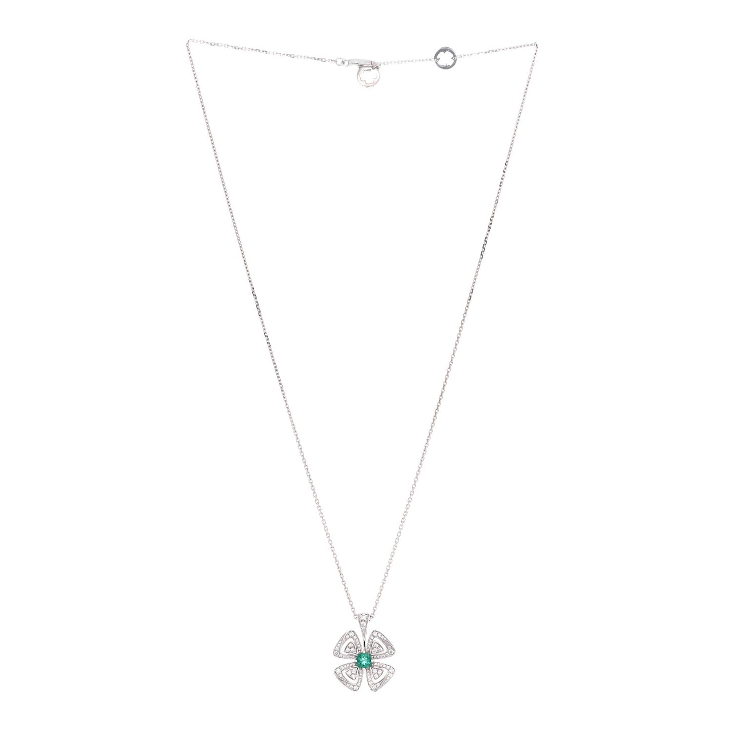 18K White Gold Diamond Emerald Fiorever Pendant Necklace