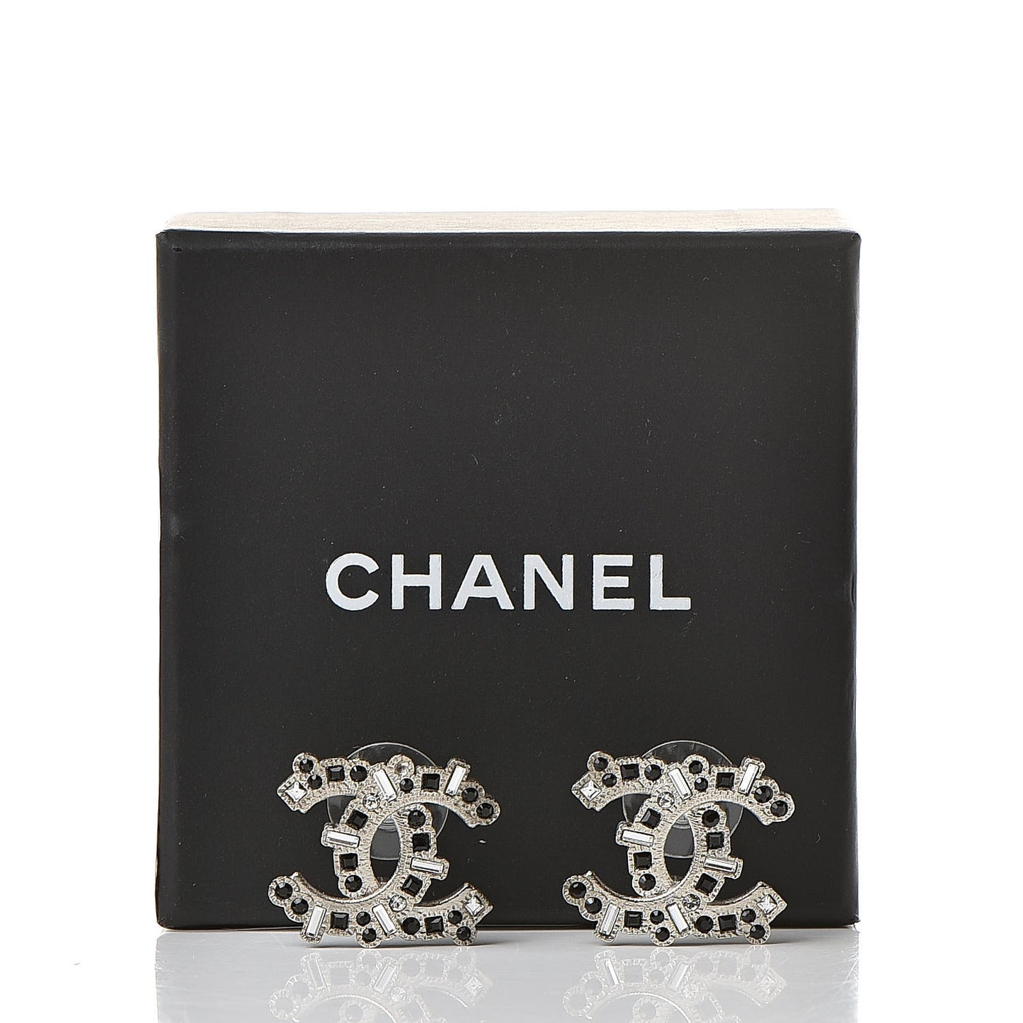 Baguette Crystal CC Earrings Silver Black