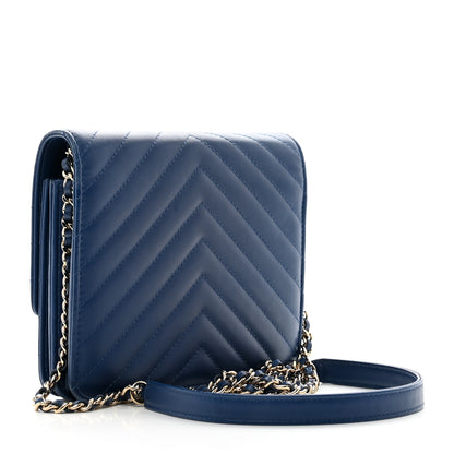 Chanel Lambskin Chevron Quilted Square Wallet On Chain WOC Blue 3 of 11