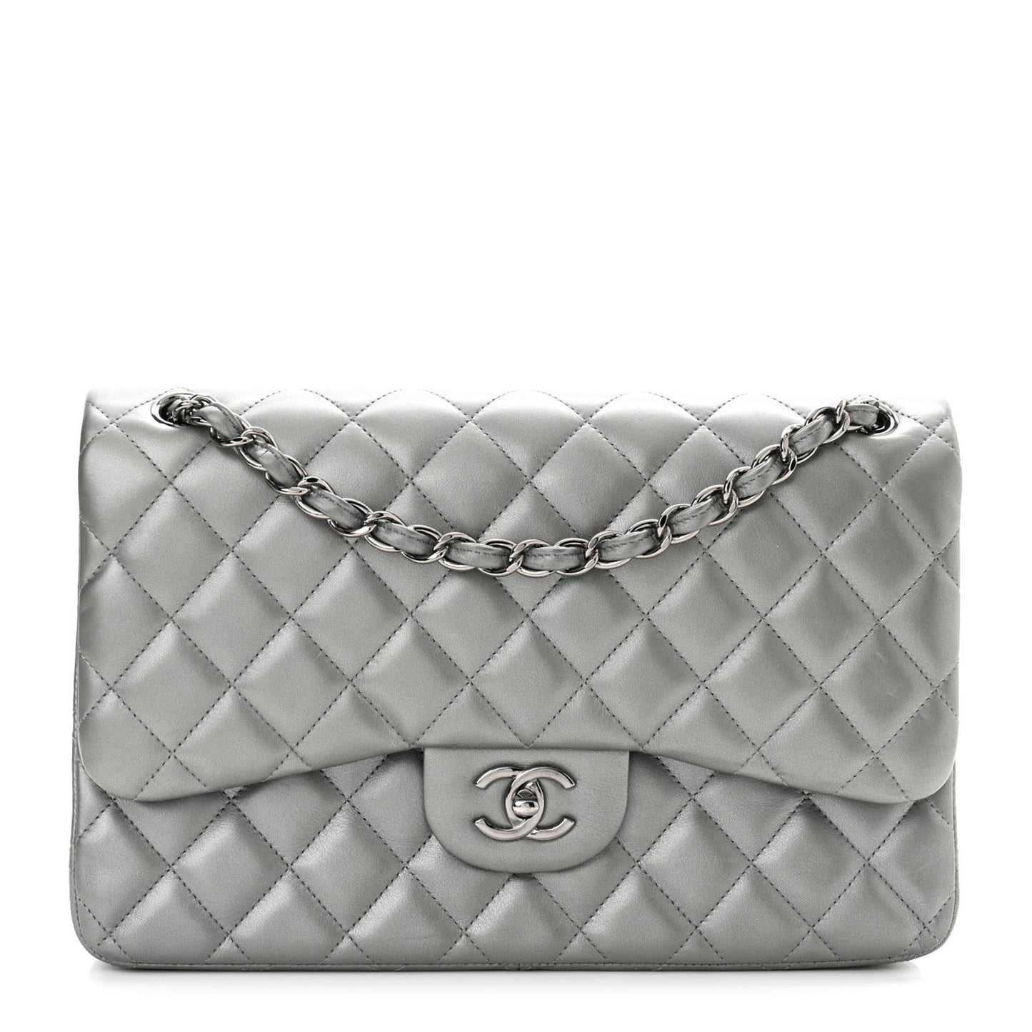 Metallic Calfskin Quilted Jumbo Double Flap Silver