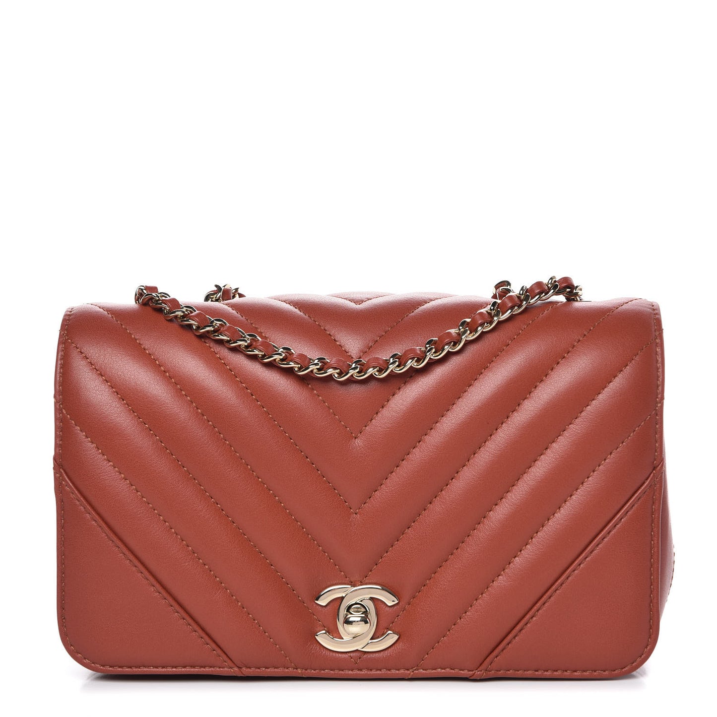 Calfskin Chevron Quilted Mini Statement Flap Dark Orange