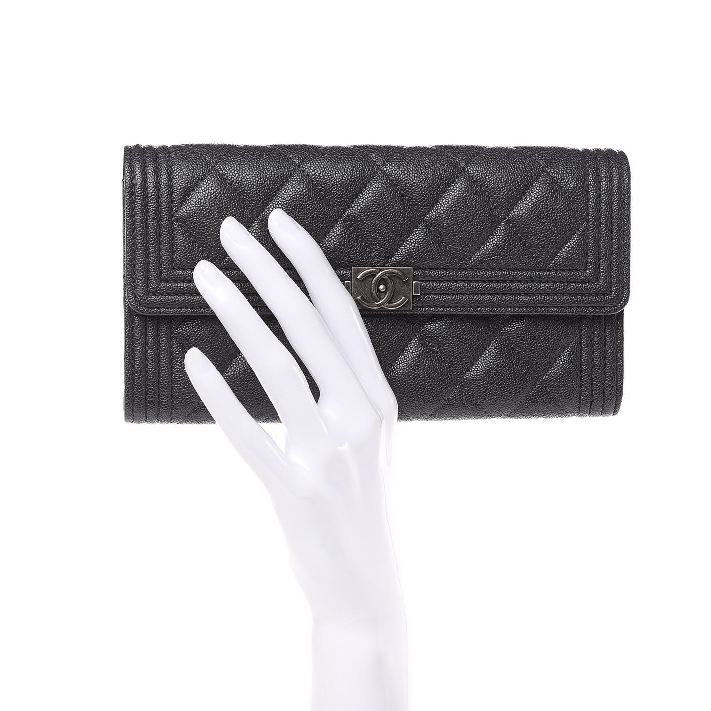 Caviar Quilted Large Boy Gusset Flap Wallet Charcoal