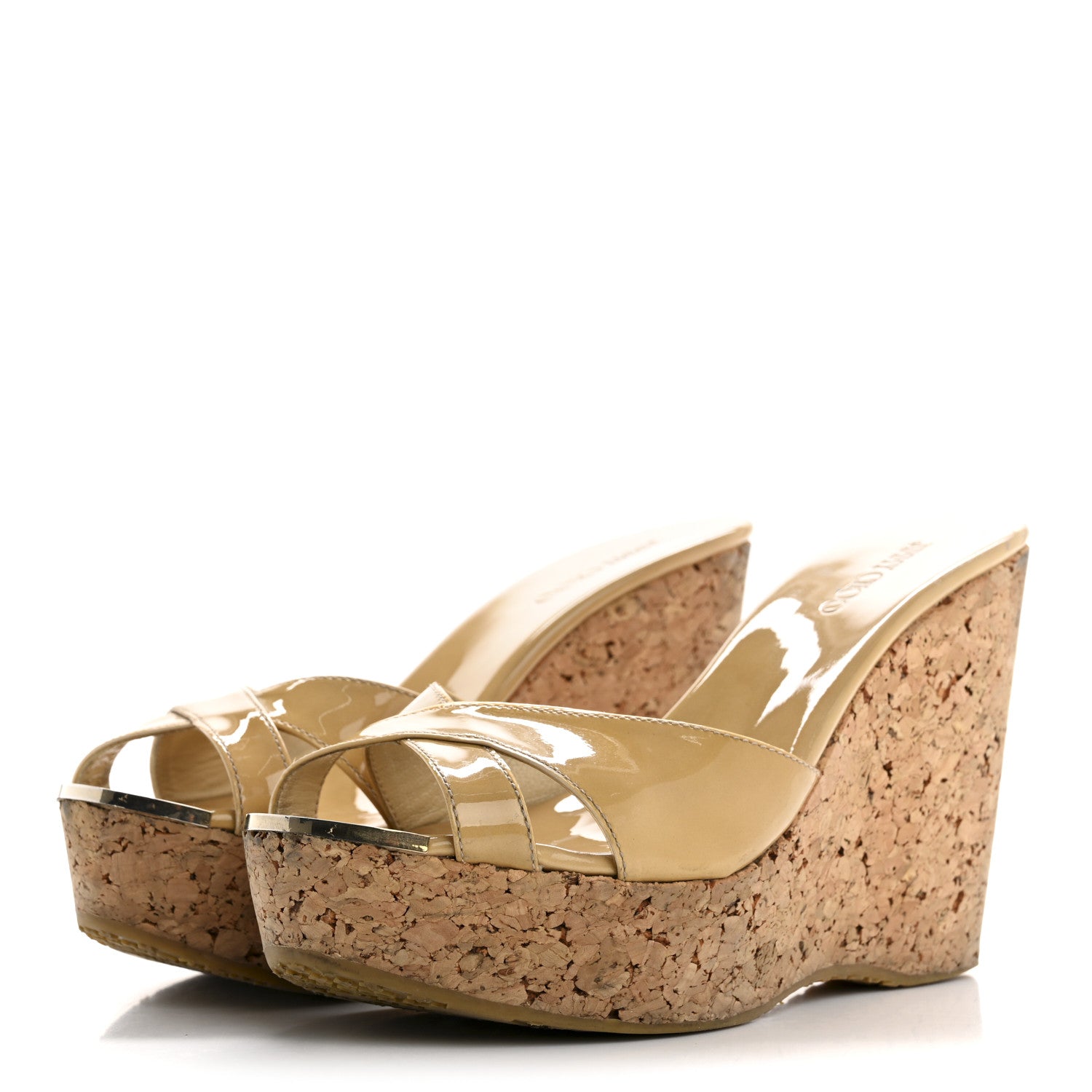 Jimmy Choo Patent Calfskin Perfume Cork Wedge Sandals 38 Nude 4 of 14