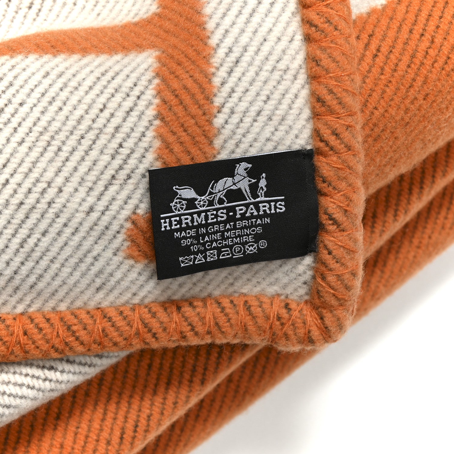 Hermes Wool Cashmere Signature Classic Avalon Blanket Ecru Potiron 3 of 3