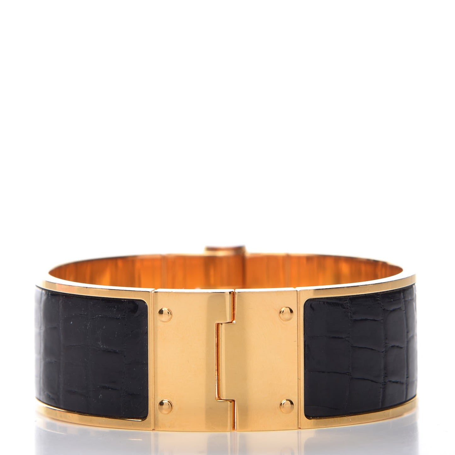 Shiny Alligator Charniere Cuir Wide Hinged Bracelet S Black