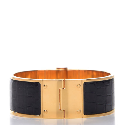 Hermes Shiny Alligator Charniere Cuir Wide Hinged Bracelet S Black 3 of 5