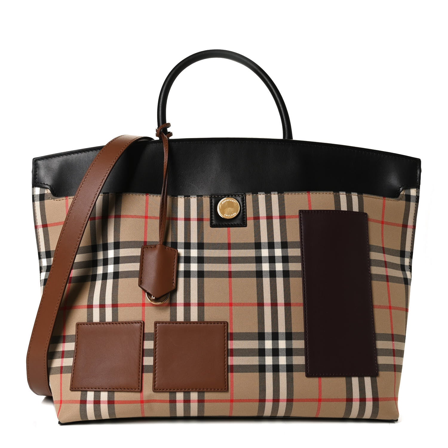 Burberry Calfskin House Check Medium Society Top Handle Bag Archive Beige Black 1 of 12
