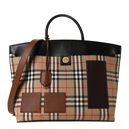 Burberry Calfskin House Check Medium Society Top Handle Bag Archive Beige Black 1 of 12