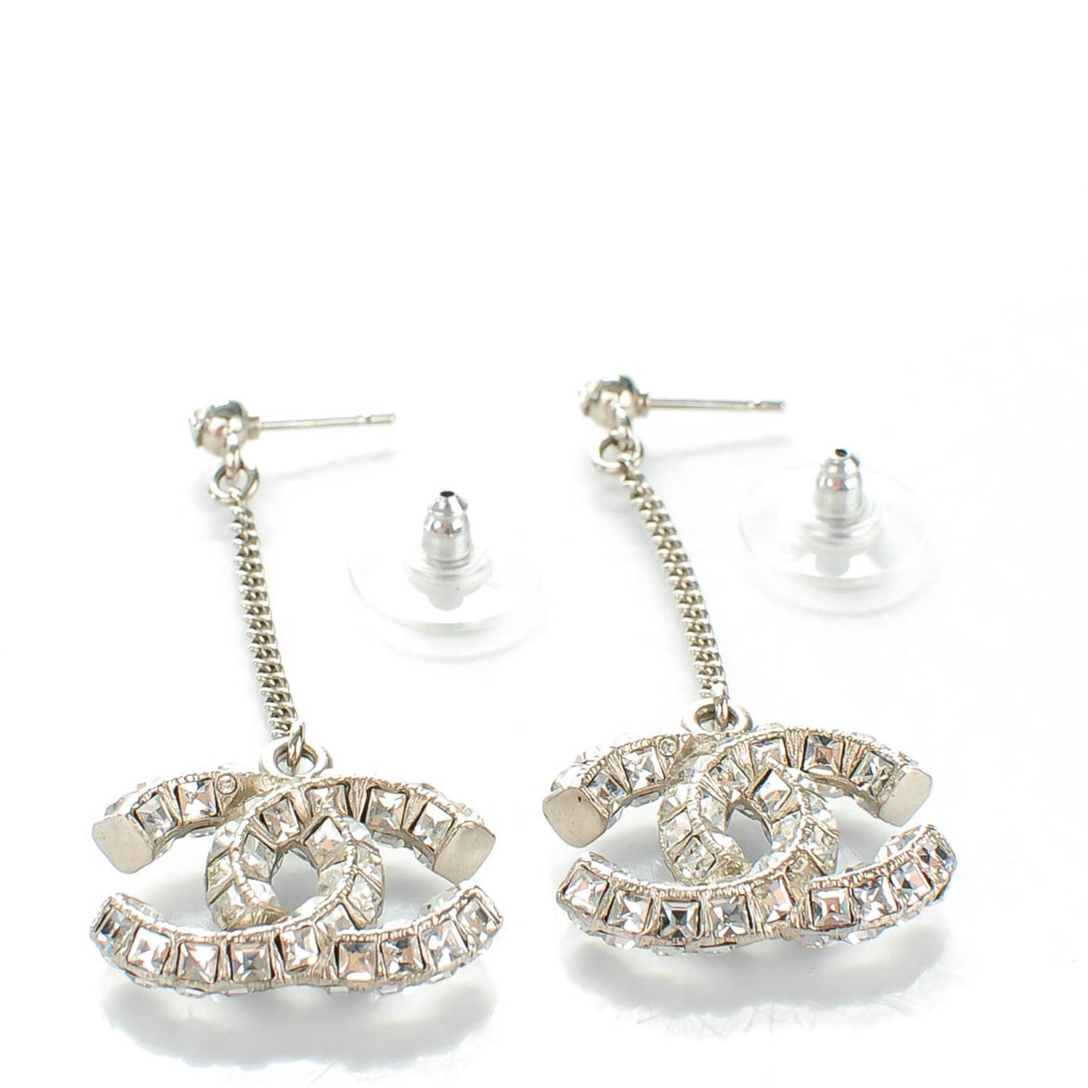 Baguette Crystal CC Dangle Earrings Silver