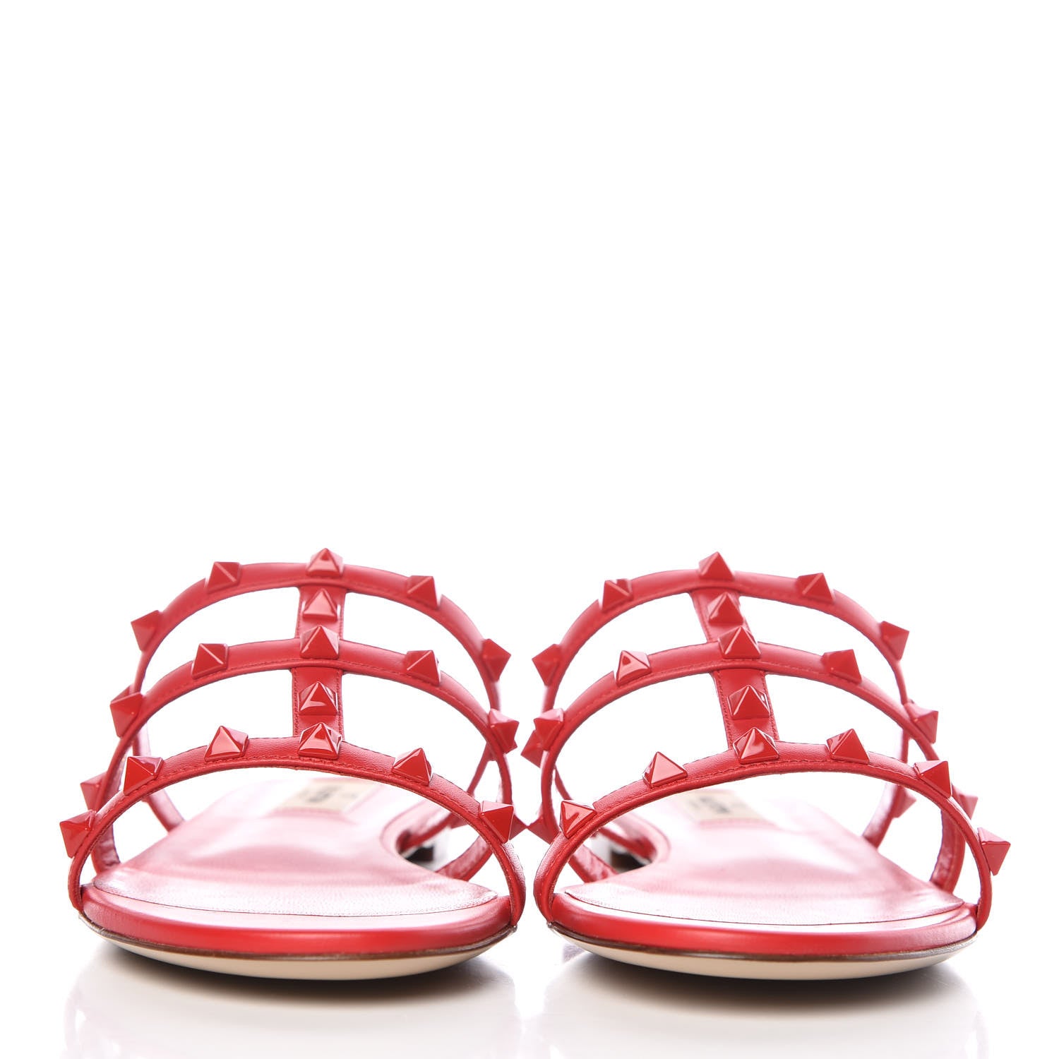 Valentino Garavani Calfskin Lacquered Monochrome Rockstud Caged Flat Slide Sandals 38.5 Rouge Pur 2 of 9