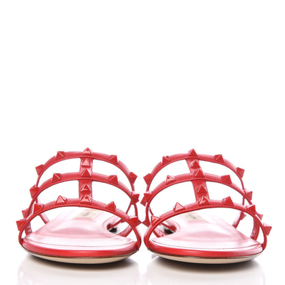 Valentino Garavani Calfskin Lacquered Monochrome Rockstud Caged Flat Slide Sandals 38.5 Rouge Pur 2 of 9