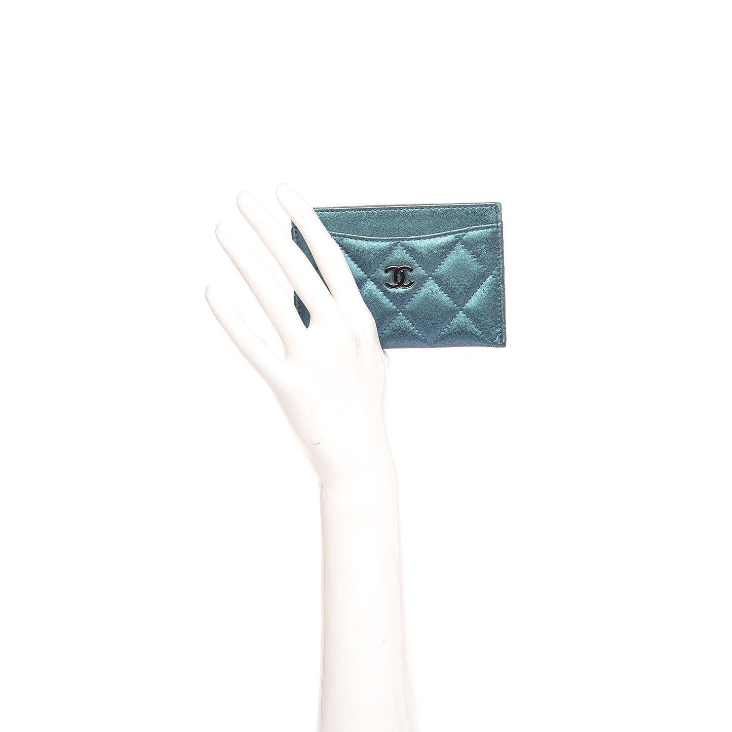 Metallic Lambskin Quilted Card Holder Turquoise