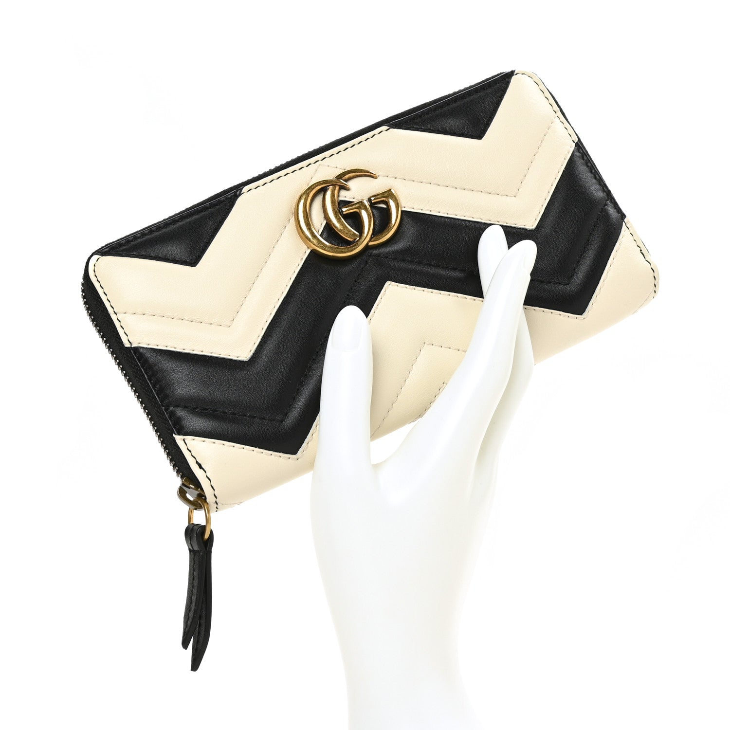 Gucci Calfskin Matelasse GG Marmont Zip Around Wallet Black White 2 of 6