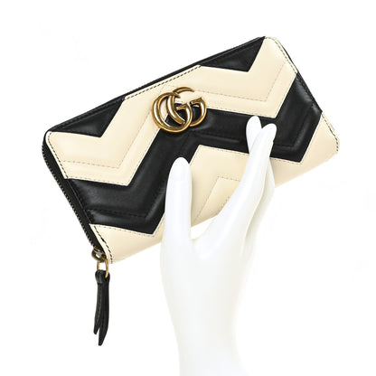 Gucci Calfskin Matelasse GG Marmont Zip Around Wallet Black White 2 of 6