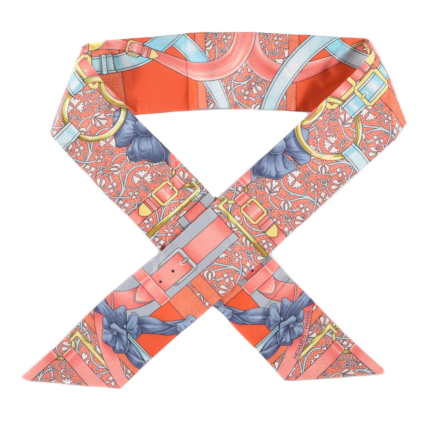 Hermes Silk Grand Manege Fleuri Twilly Orange Turquoise Gris 1 of 3