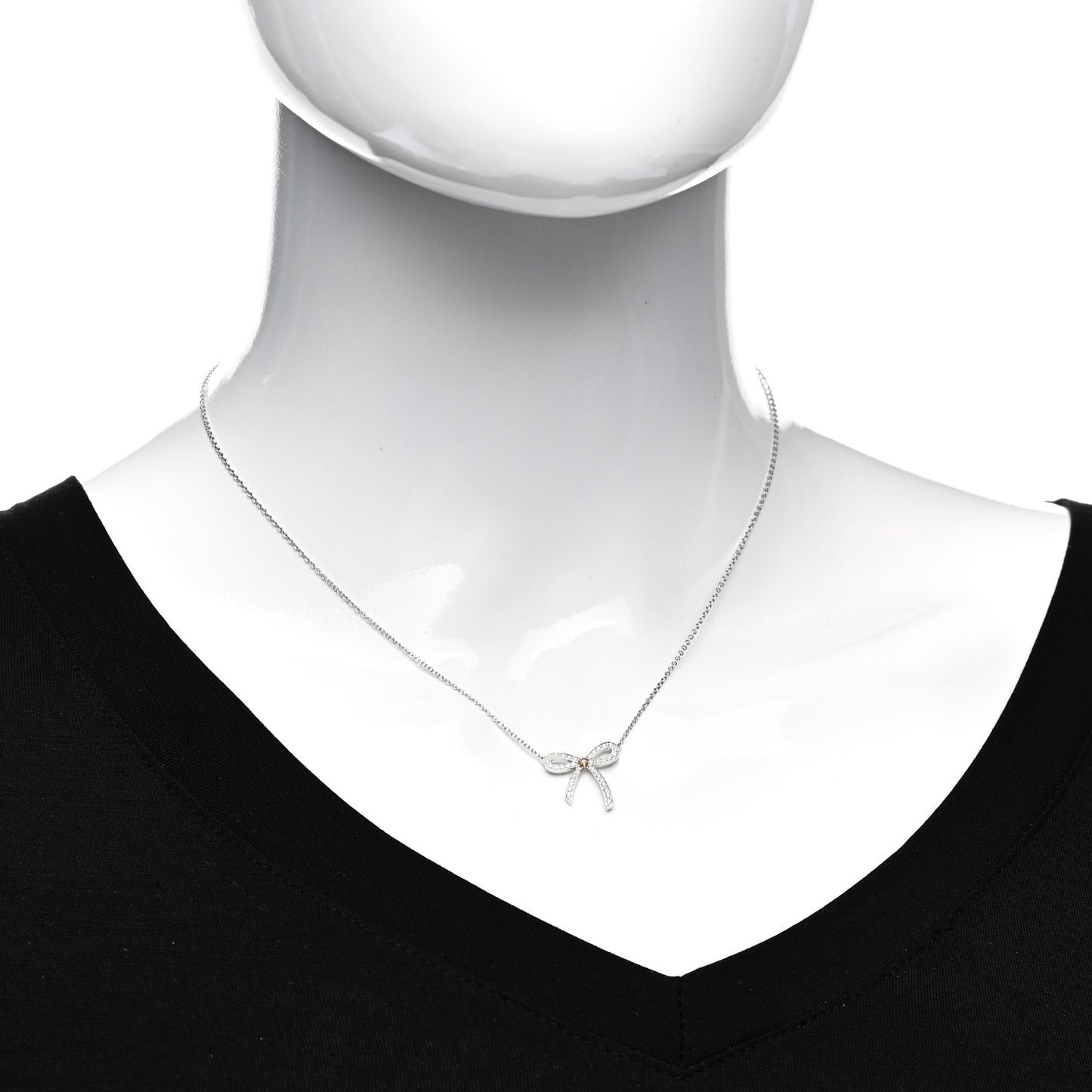 Platinum 18K Rose Gold Pink Diamond Mini Bow Pendant Necklace