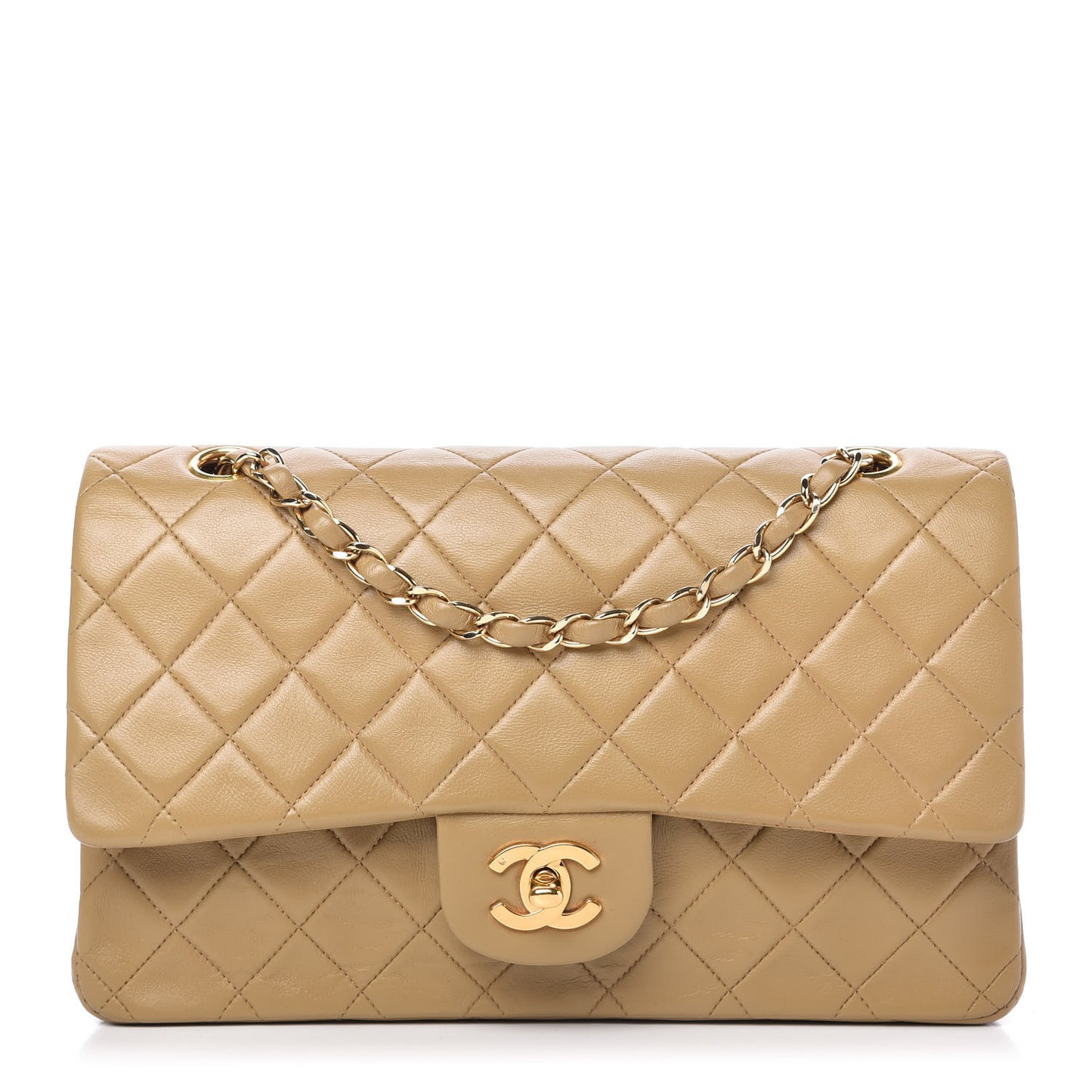 Lambskin Quilted Medium Double Flap Beige