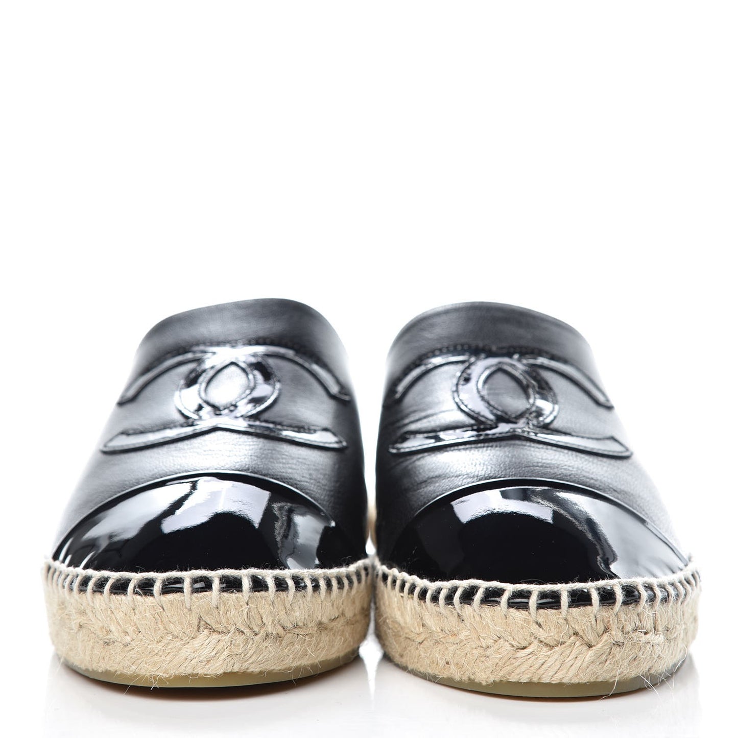 Iridescent Goatskin Patent CC Espadrille Mules 41 Black